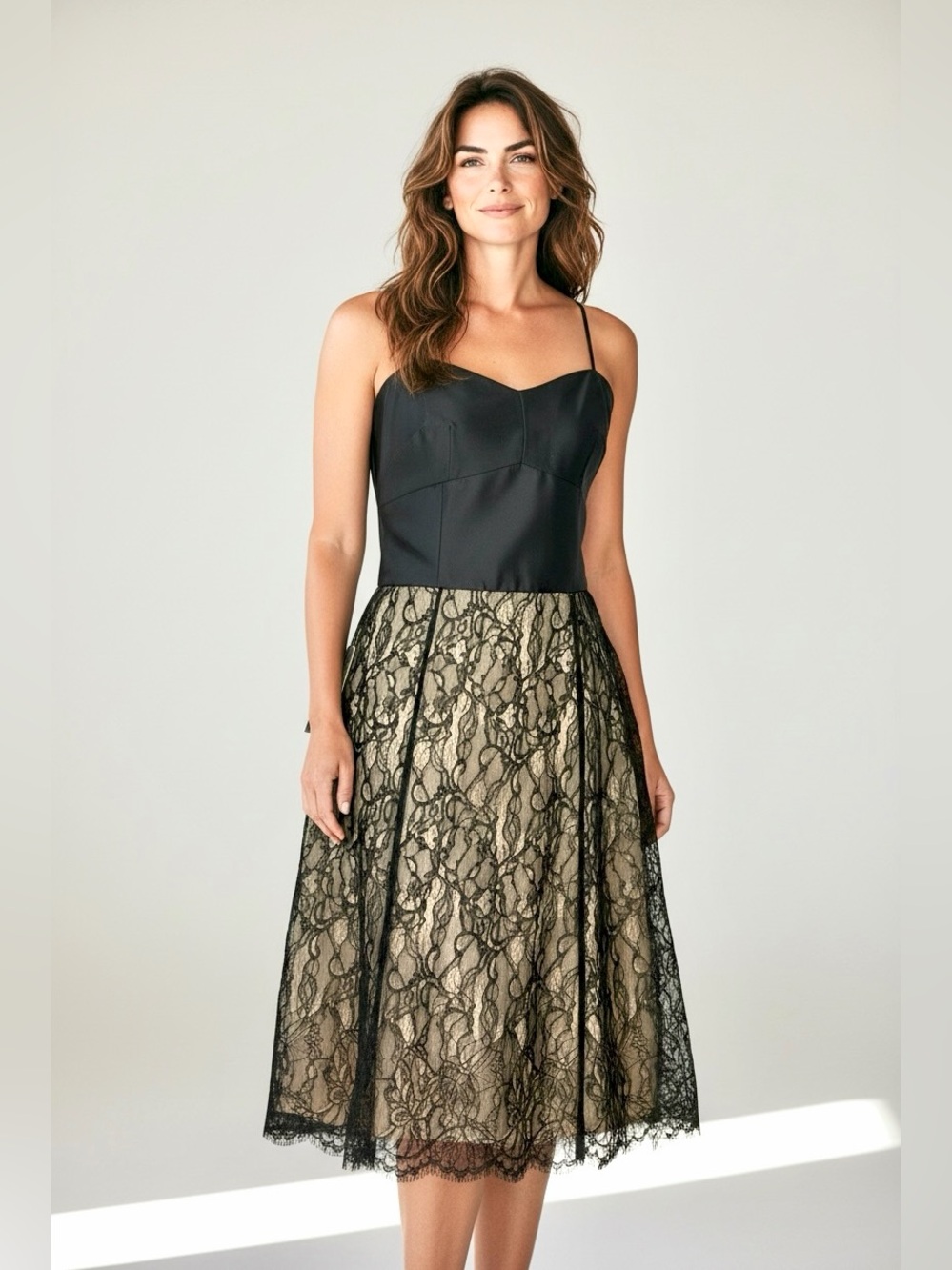 Ann Taylor Silk Lace Dress Black Nude Fit & Flare Spaghetti Strap Cocktail 8 NWT